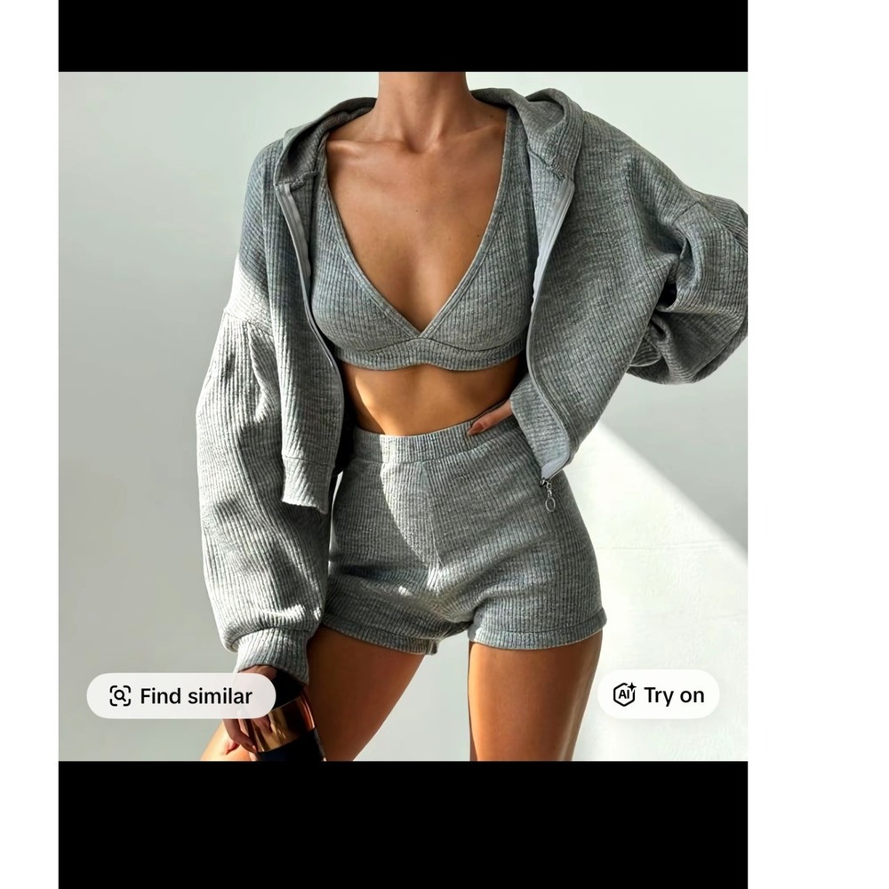 Women's Gray Ribbed Knit 2 Piece Lounge Set 2XL